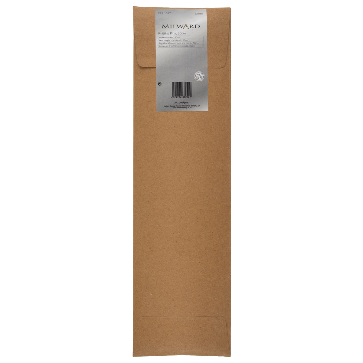 Milward 4.0mm aluminium knitting pins, 30cm, in a brown paper wrap