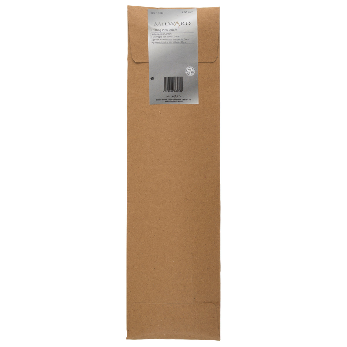 Milward 4.5mm aluminium knitting pins, 30cm, in a brown paper wrap