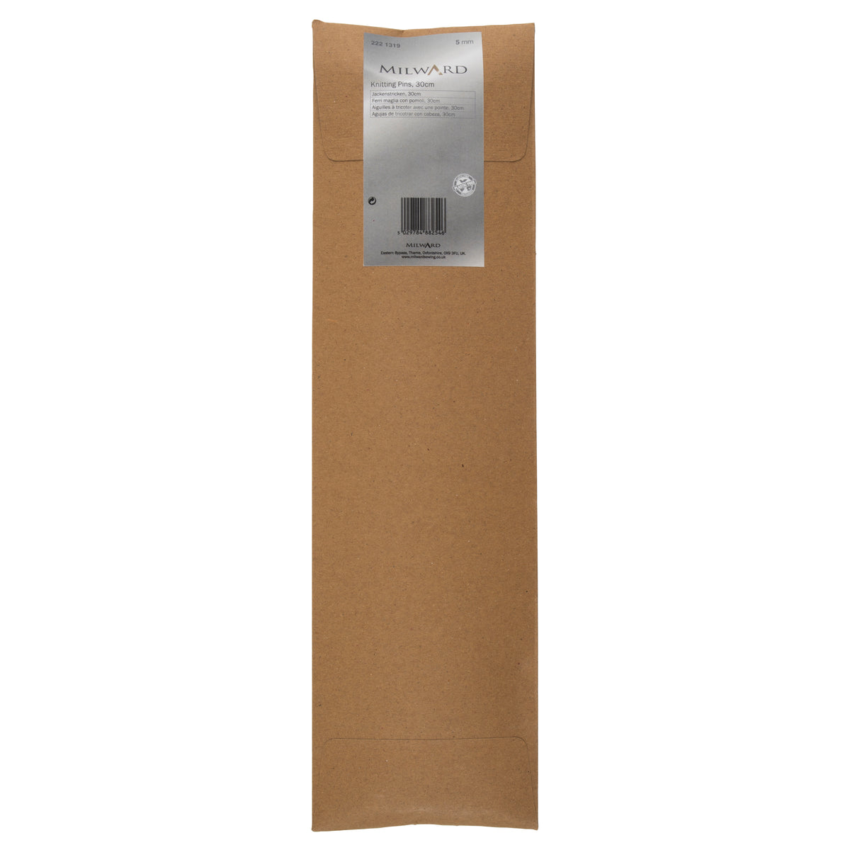 Milward 5.0mm aluminium knitting pins, 30cm, in a brown paper wrap