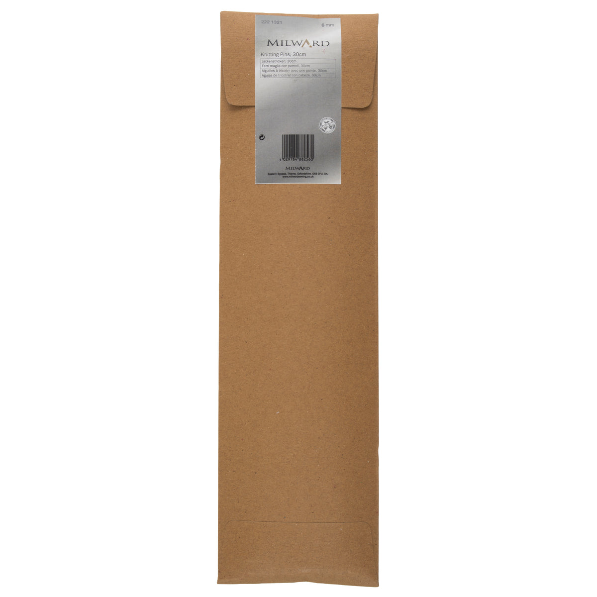 Milward 6.0mm aluminium knitting pins, 30cm, in a brown paper wrap