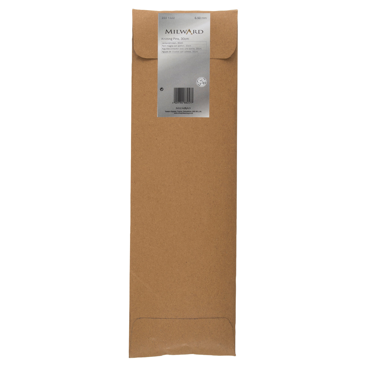 Milward 6.5mm aluminium knitting pins, 30cm, in a brown paper wrap