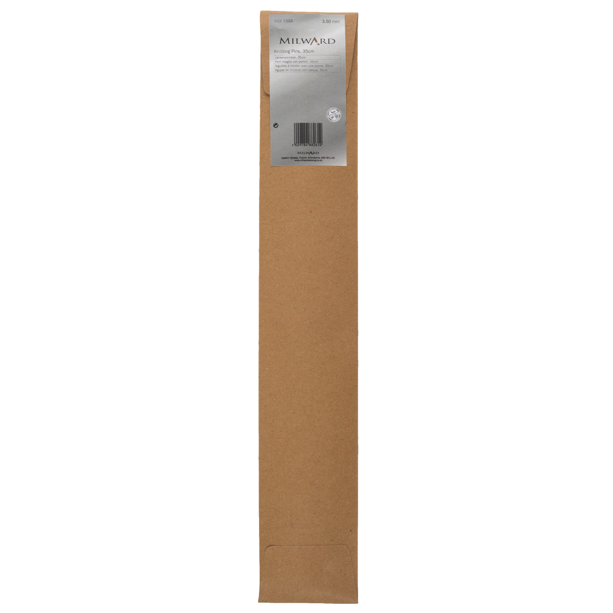 Pair of Milward 3.5mm aluminium knitting pins in brown paper wrap