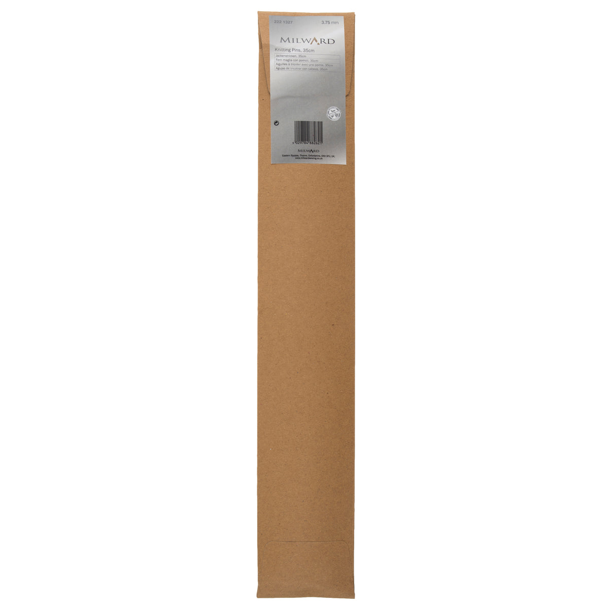 Pair of Milward 3.75mm aluminium knitting pins in brown paper wrap