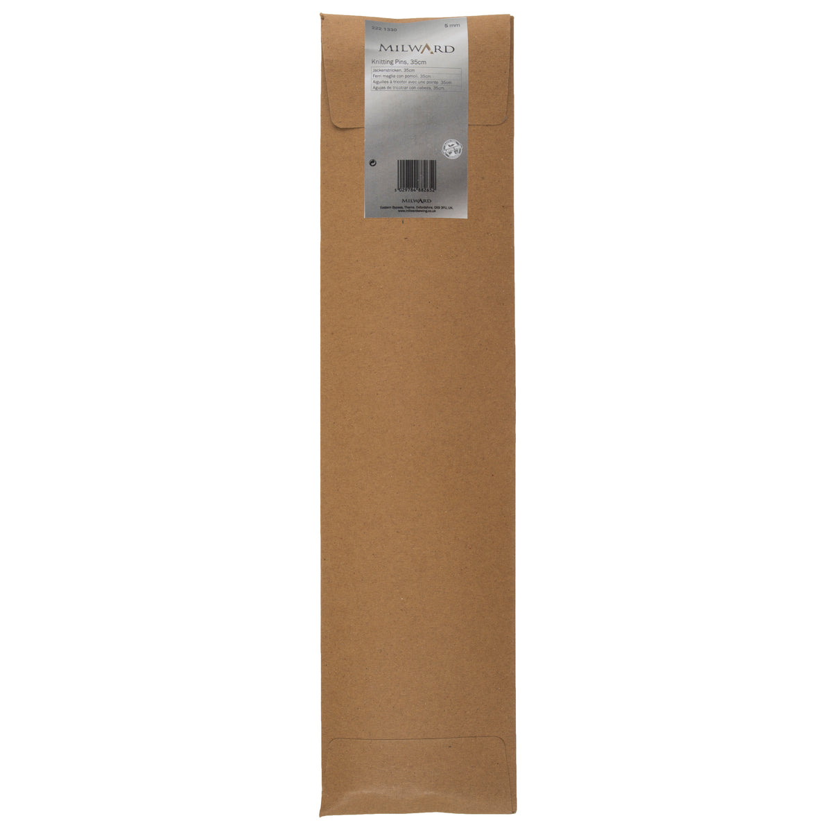 Pair of Milward 5mm aluminium knitting pins in brown paper wrap