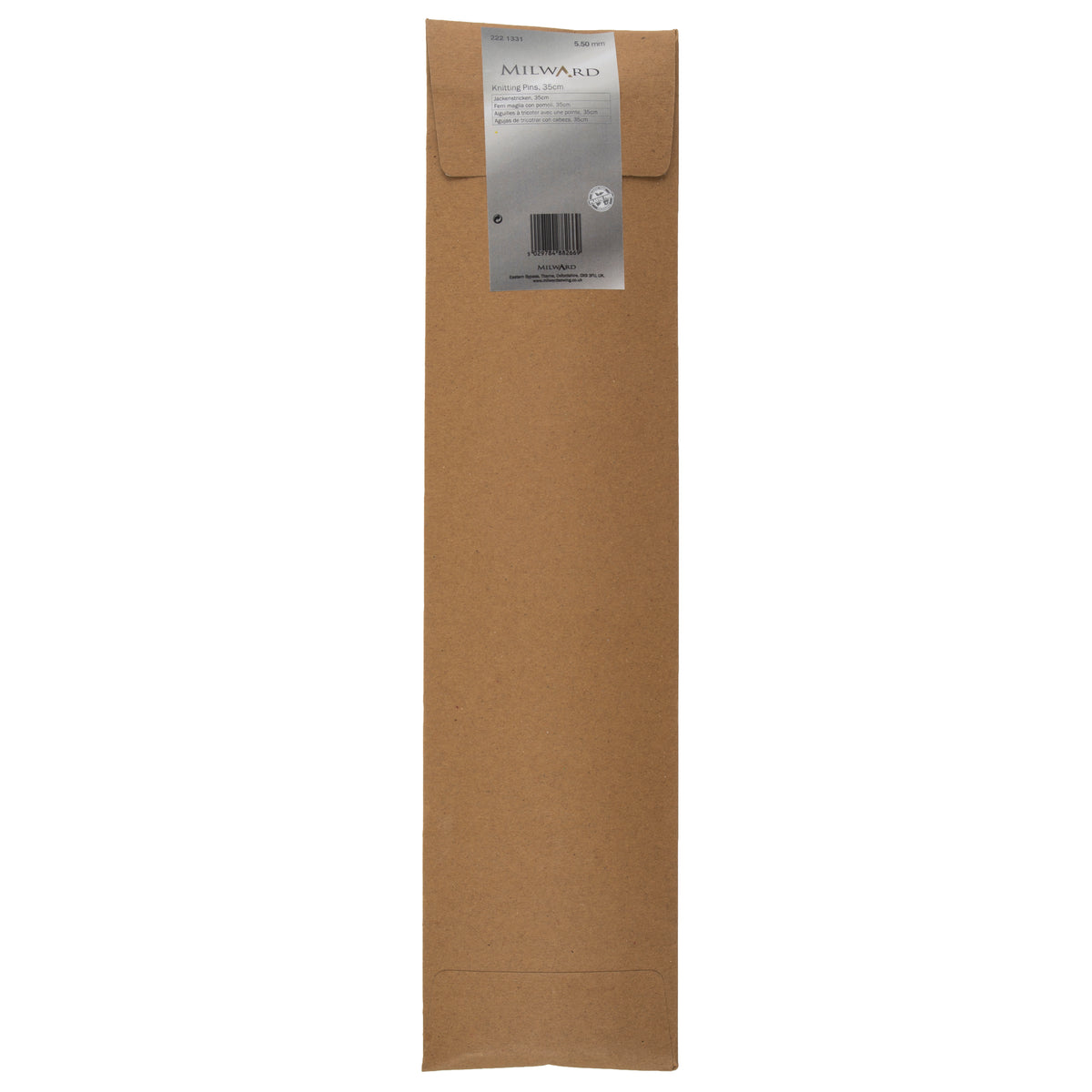 Pair of Milward 5.5mm aluminium knitting pins in brown paper wrap