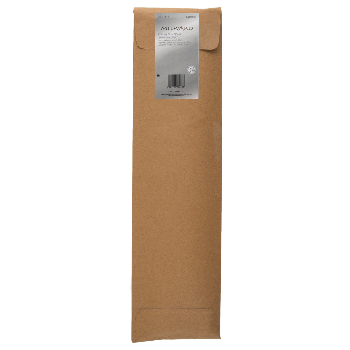 Pair of Milward 6.5mm aluminium knitting pins in brown paper wrap