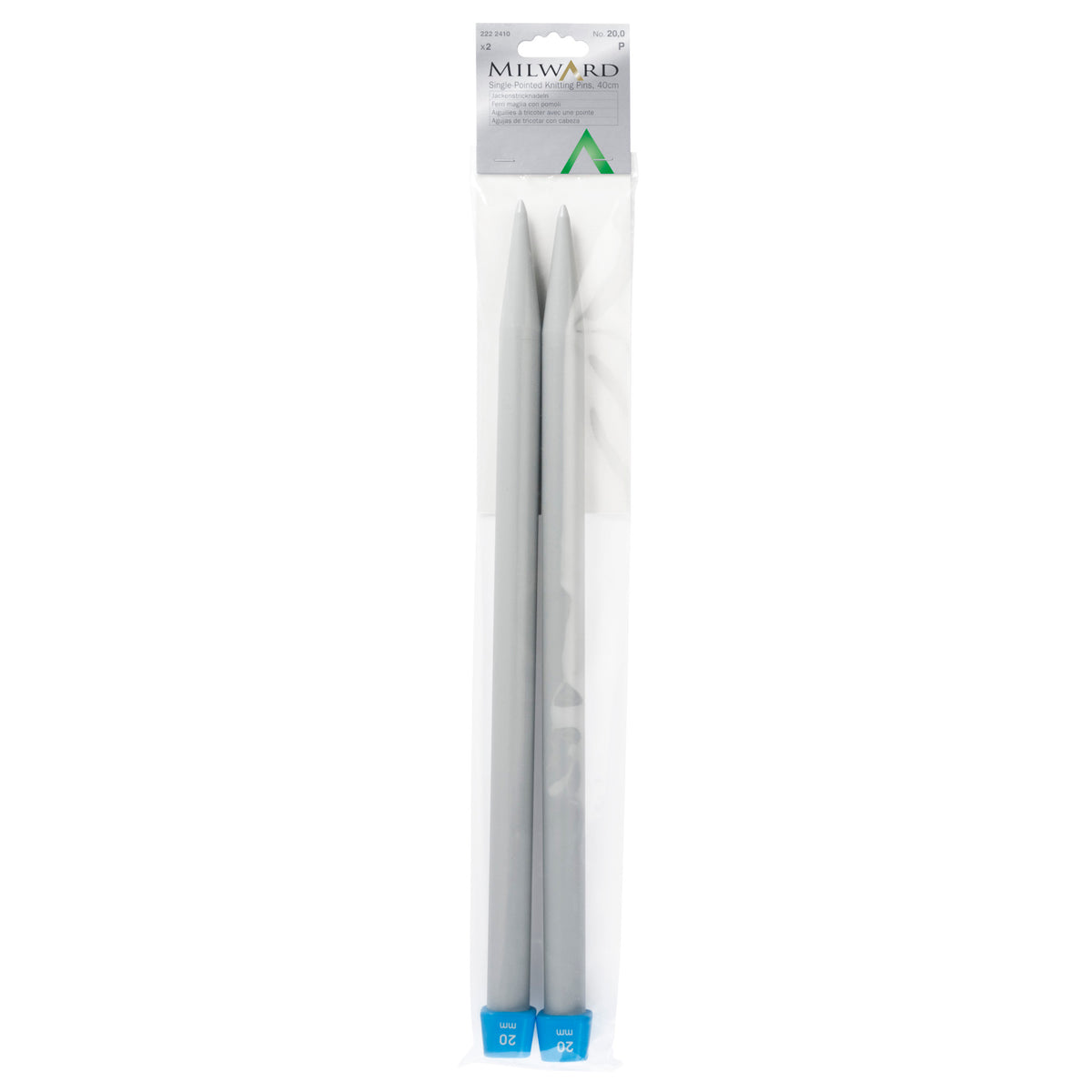 Pair of Milward 20mm grey plastic knitting pins