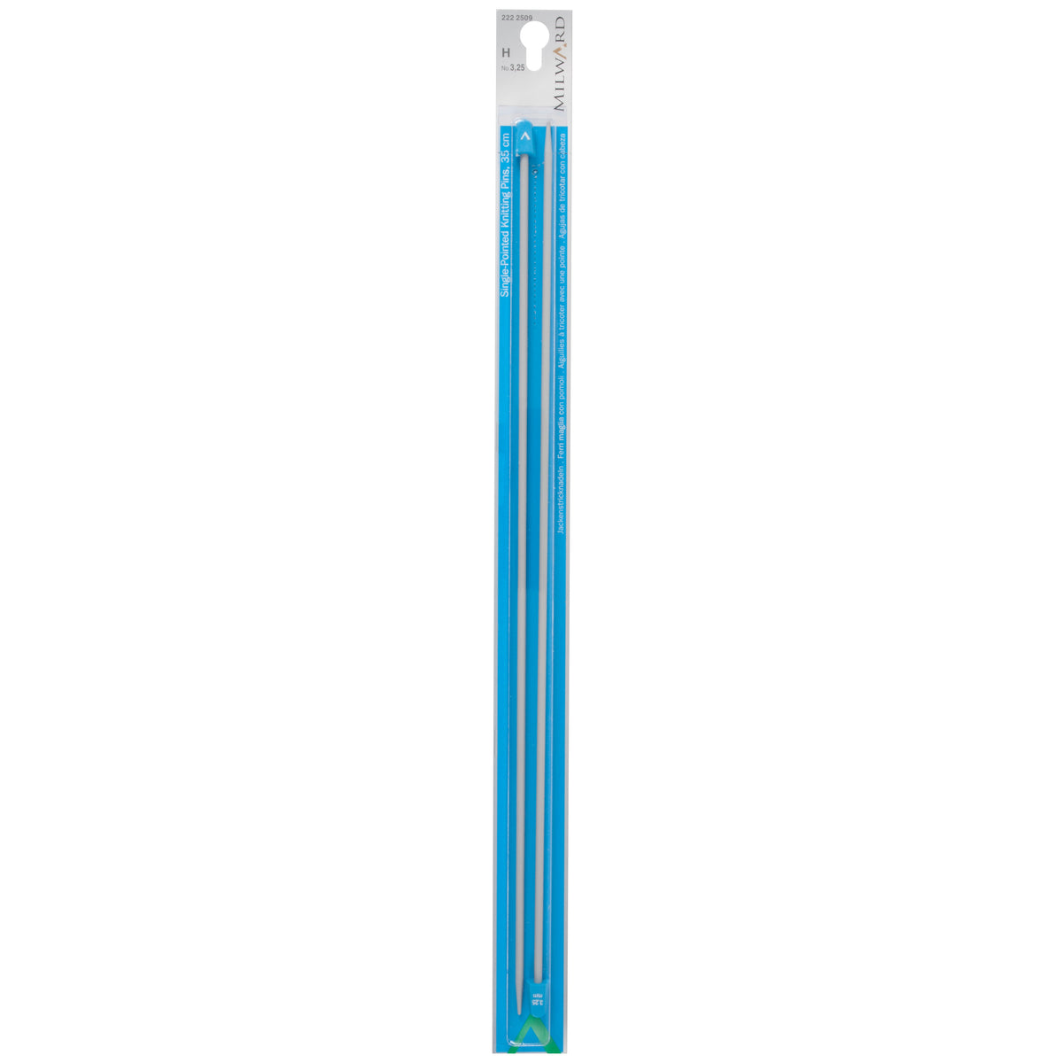 Pair of Milward 35cm single-ended aluminium knitting pins, 3.25mm