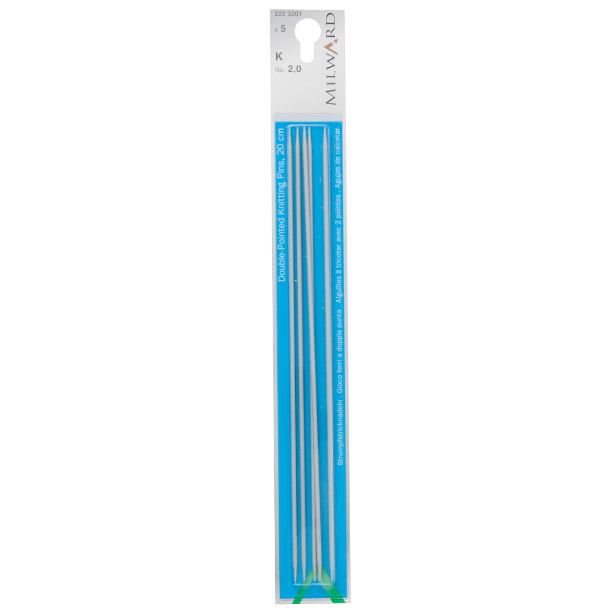 Set of five Milward 20cm double-pointed aluminium knitting pins, 2mm