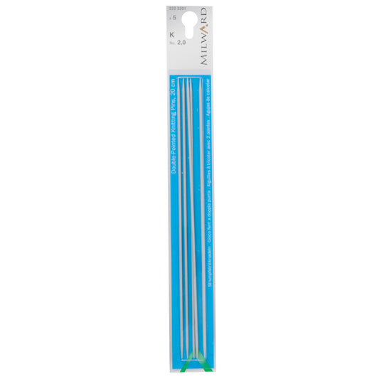 Set of five Milward 20cm double-pointed aluminium knitting pins, 2mm