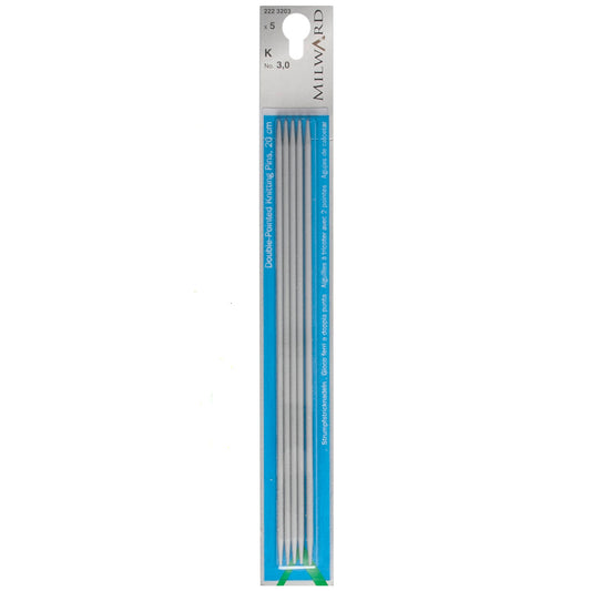Set of five Milward 20cm double-pointed aluminium knitting pins, 3mm