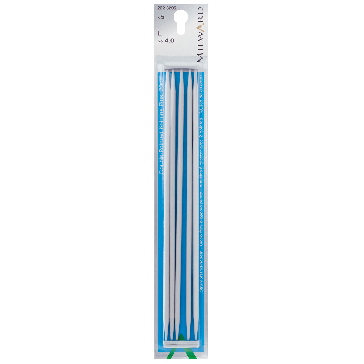 Set of five Milward 20cm double-pointed aluminium knitting pins, 4mm