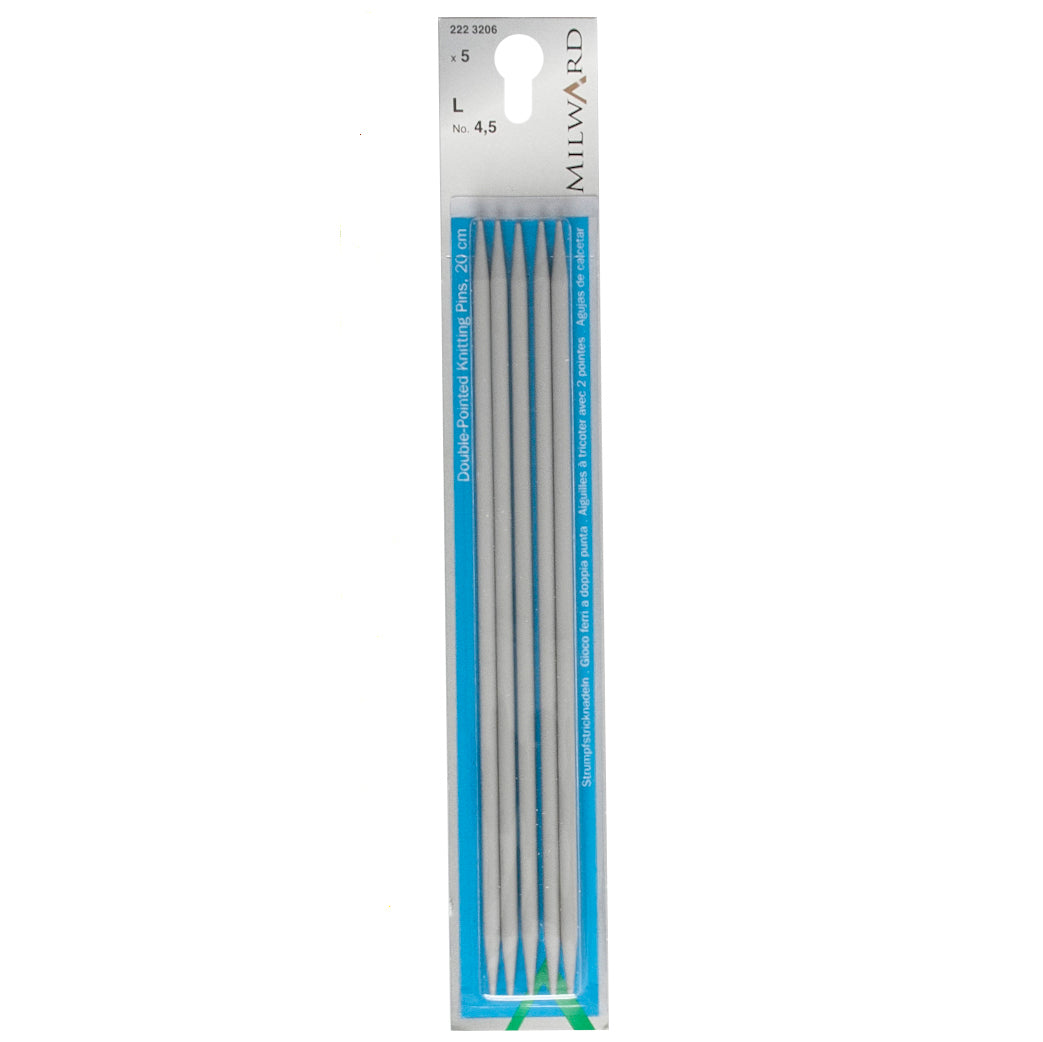 Set of five Milward 20cm double-pointed aluminium knitting pins, 4.5mm