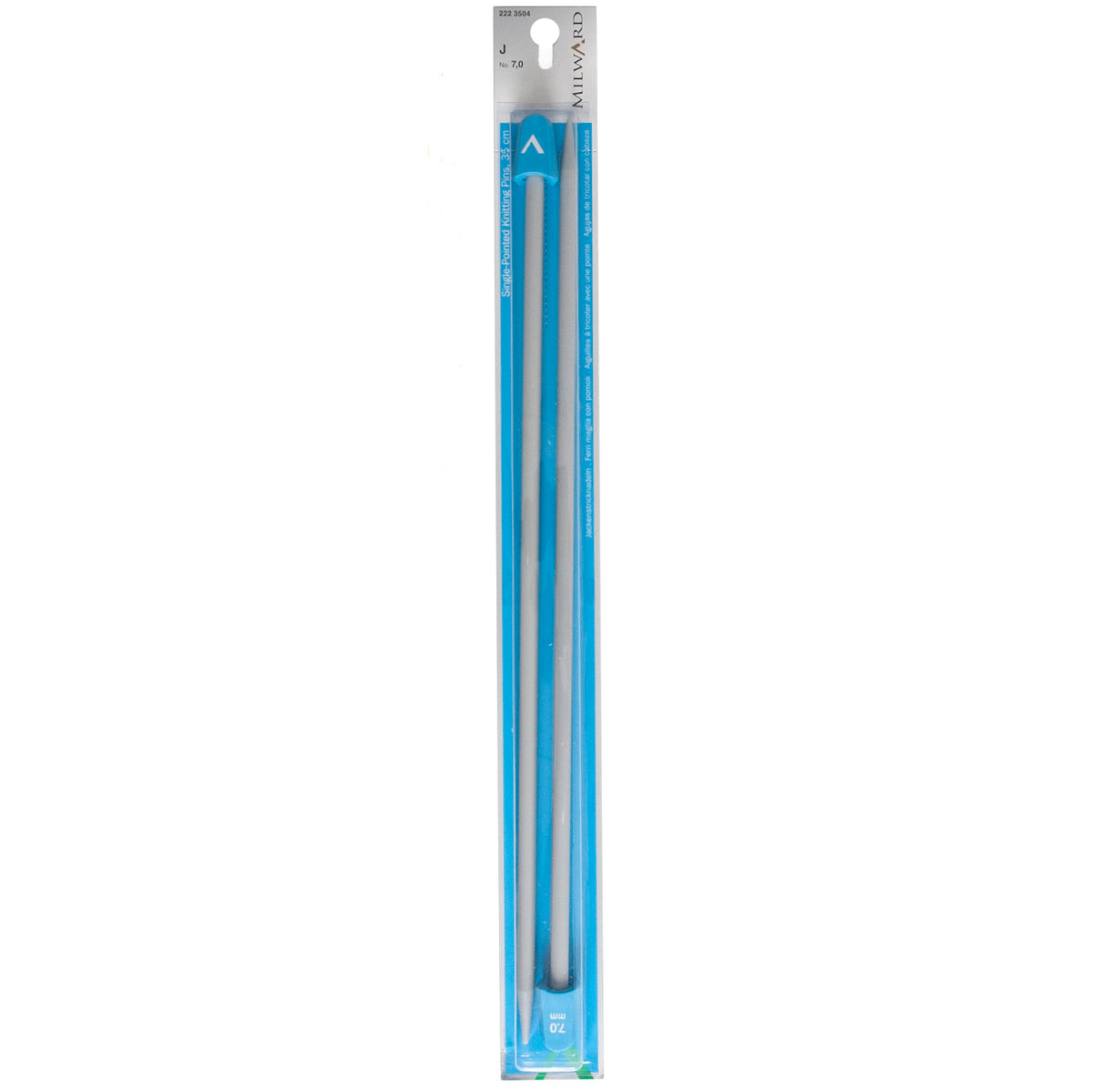 Pair of Milward 35cm single-ended plastic knitting pins, 7mm