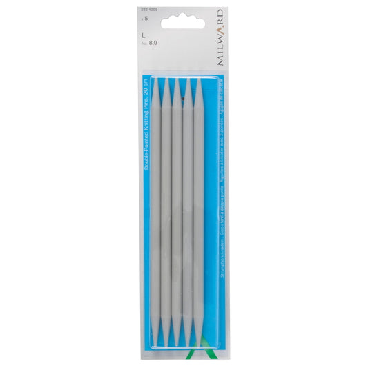 Set of five Milward 20cm double-pointed plastic knitting pins, 8mm