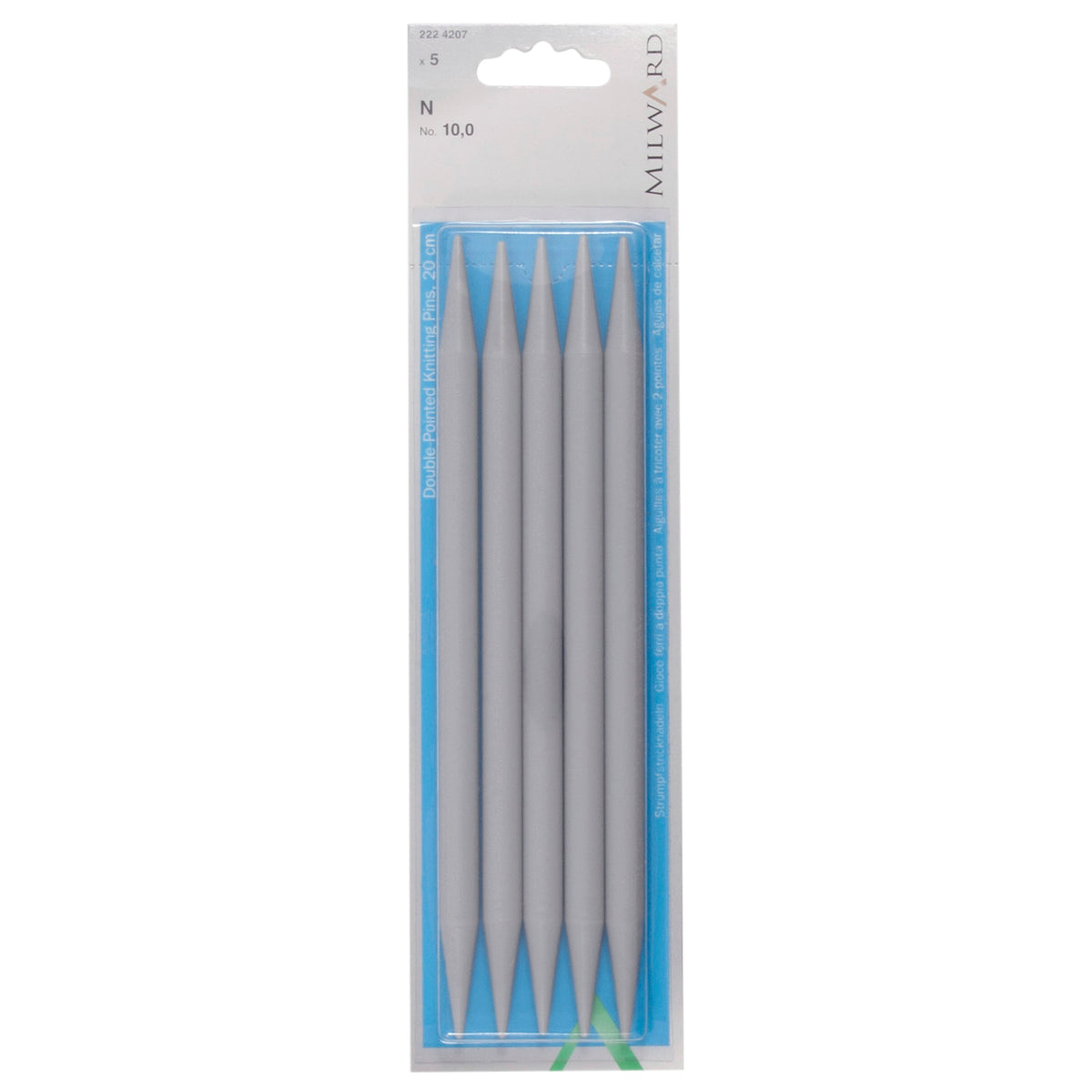 Set of five Milward 20cm double-pointed plastic knitting pins, 10mm