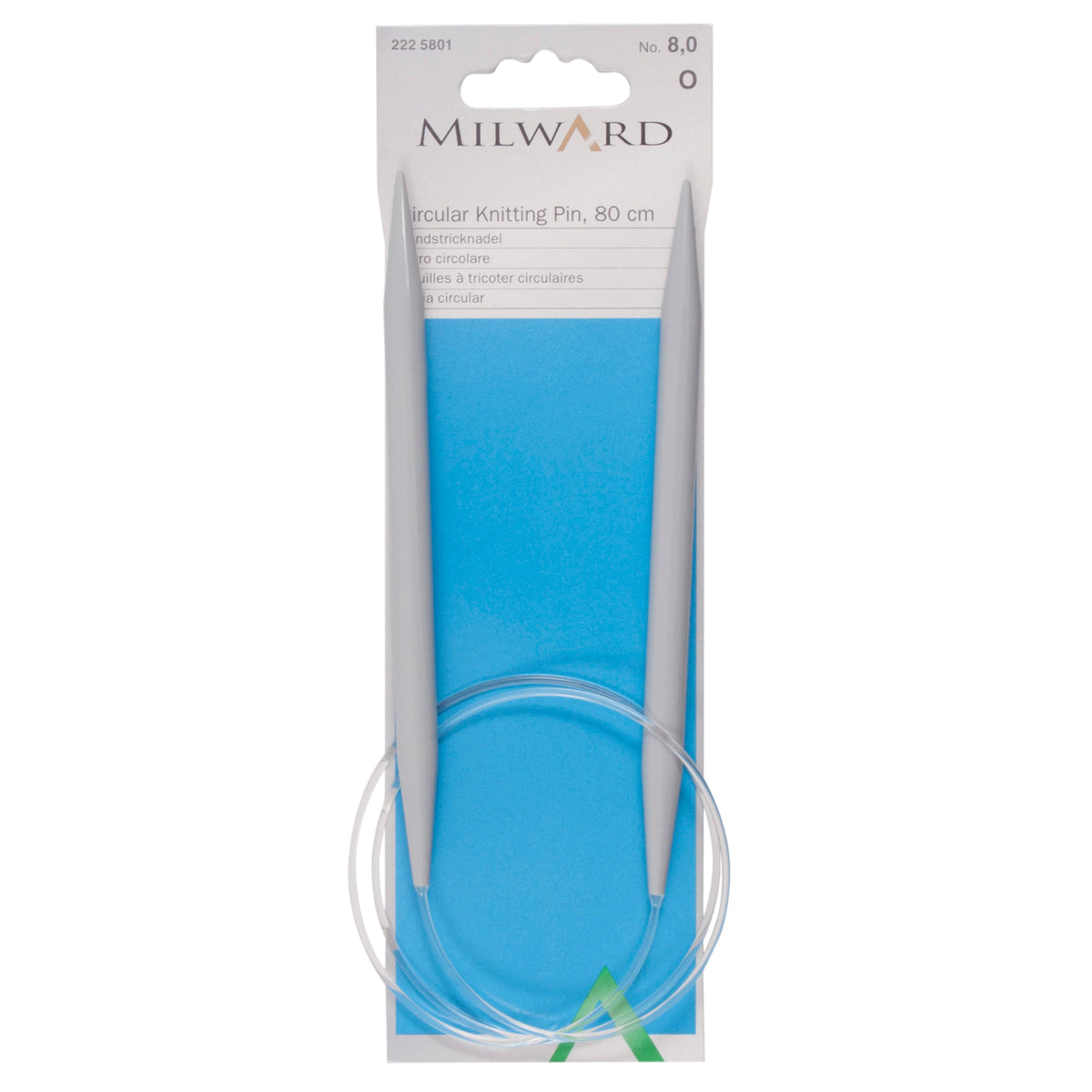 Milward 80cm circular knitting needle in 8mm with grey plastic tips and cable