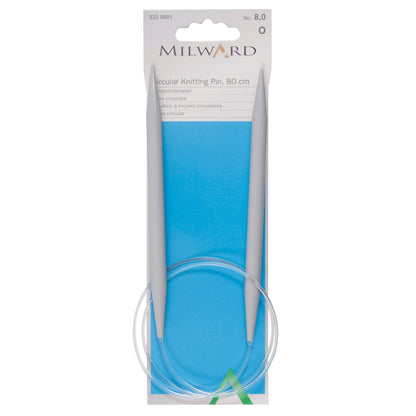 Milward 80cm circular knitting needle in 8mm with grey plastic tips and cable