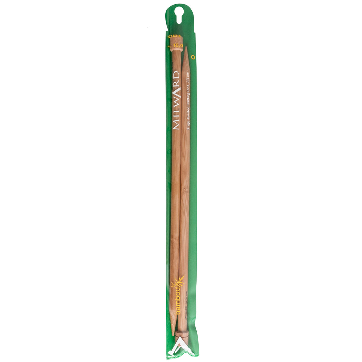 Pair of Milward bamboo single-ended knitting needles, 10mm