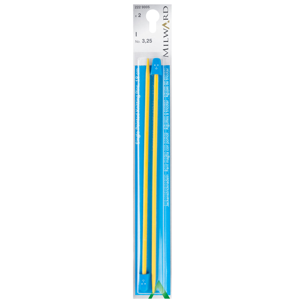 Pair of red and yellow Milward children's knitting needles, 3.25mm