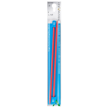 Pair of red and yellow Milward children's knitting needles, 4mm