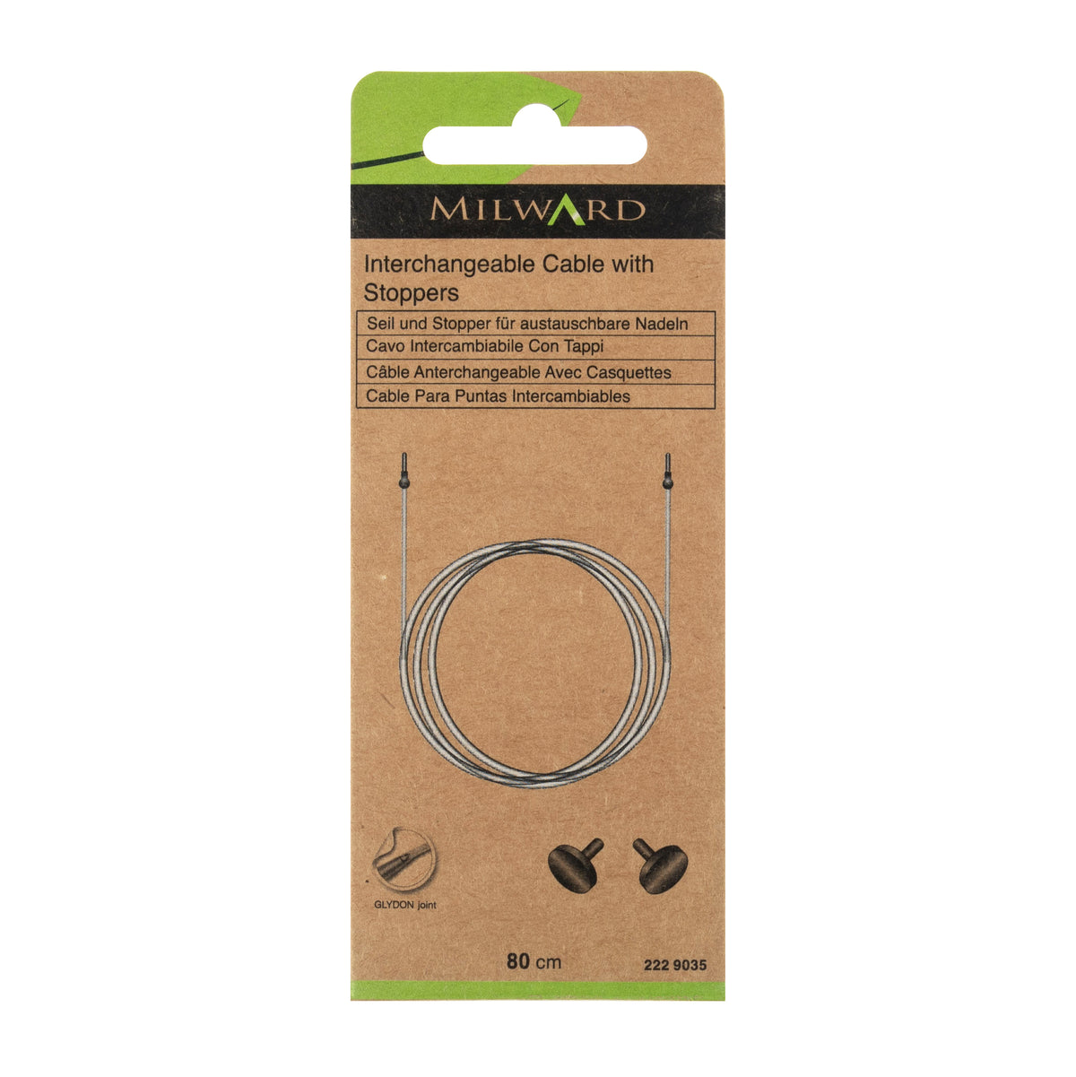 Milward 80cm clear interchangeable knitting needle cable with brass end knobs