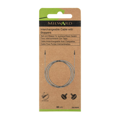 Milward 80cm clear interchangeable knitting needle cable with brass end knobs