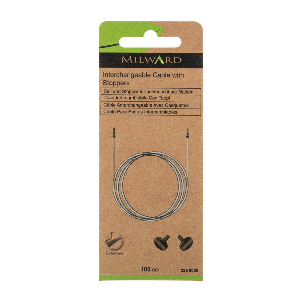 Milward 100cm clear interchangeable knitting needle cable with brass end knobs