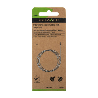 Milward 120cm clear interchangeable knitting needle cable with brass end knobs