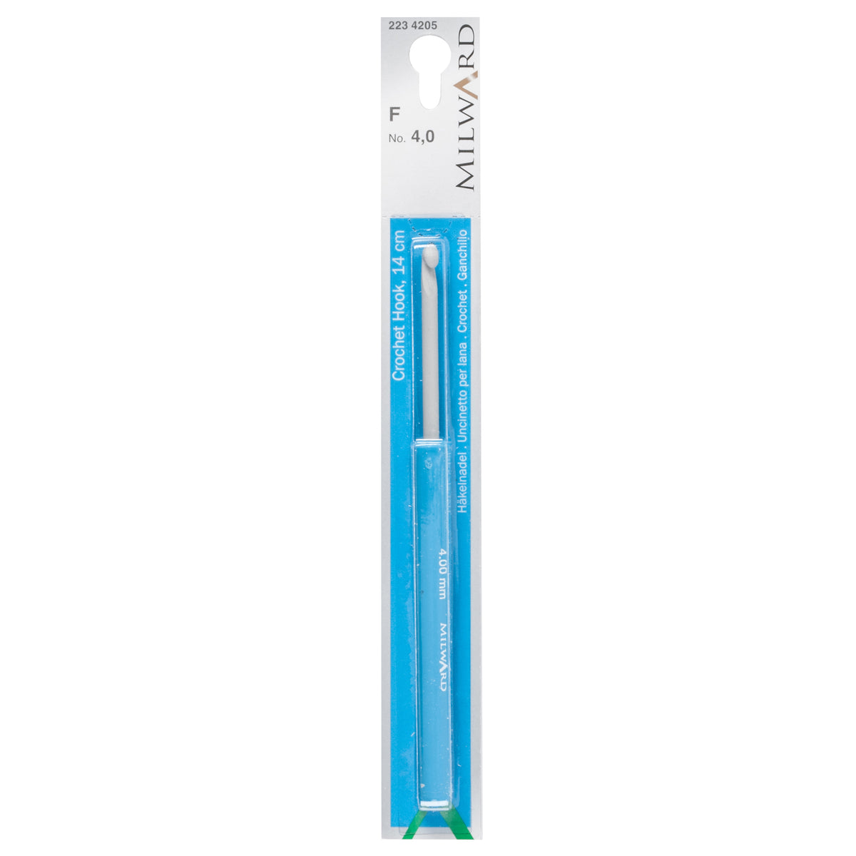 Milward 4mm pearl grey aluminium crochet hook with plastic handle