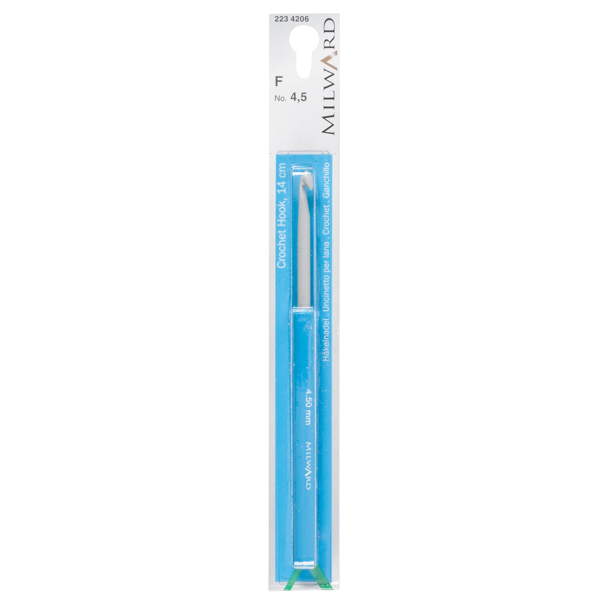 Milward 4.5mm pearl grey aluminium crochet hook with plastic handle