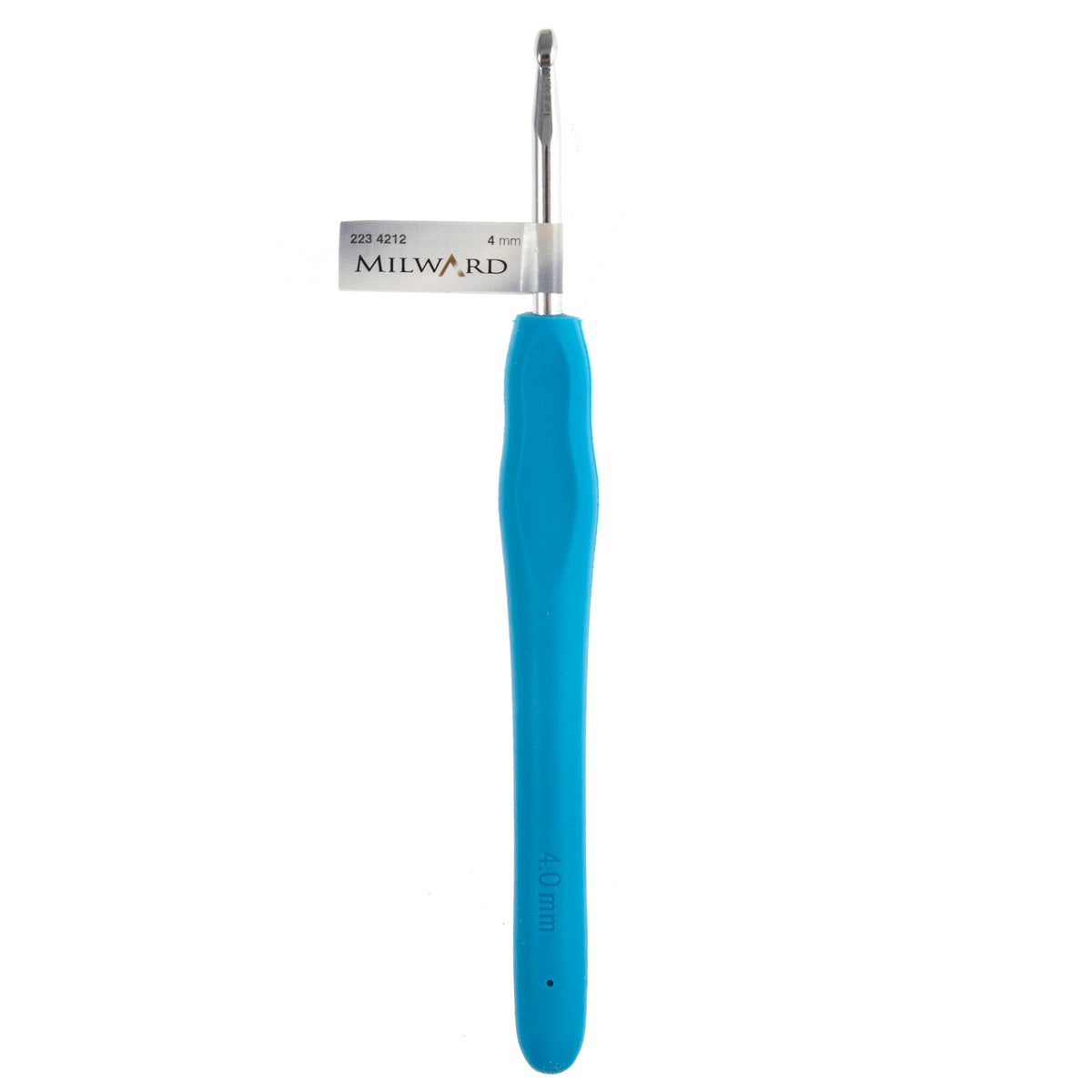 Milward 4mm crochet hook with blue soft grip handle