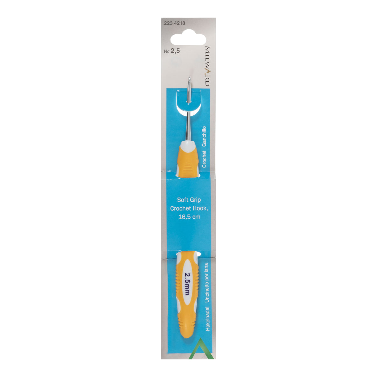 Milward 2.5mm aluminium crochet hook with colourful soft grip handle