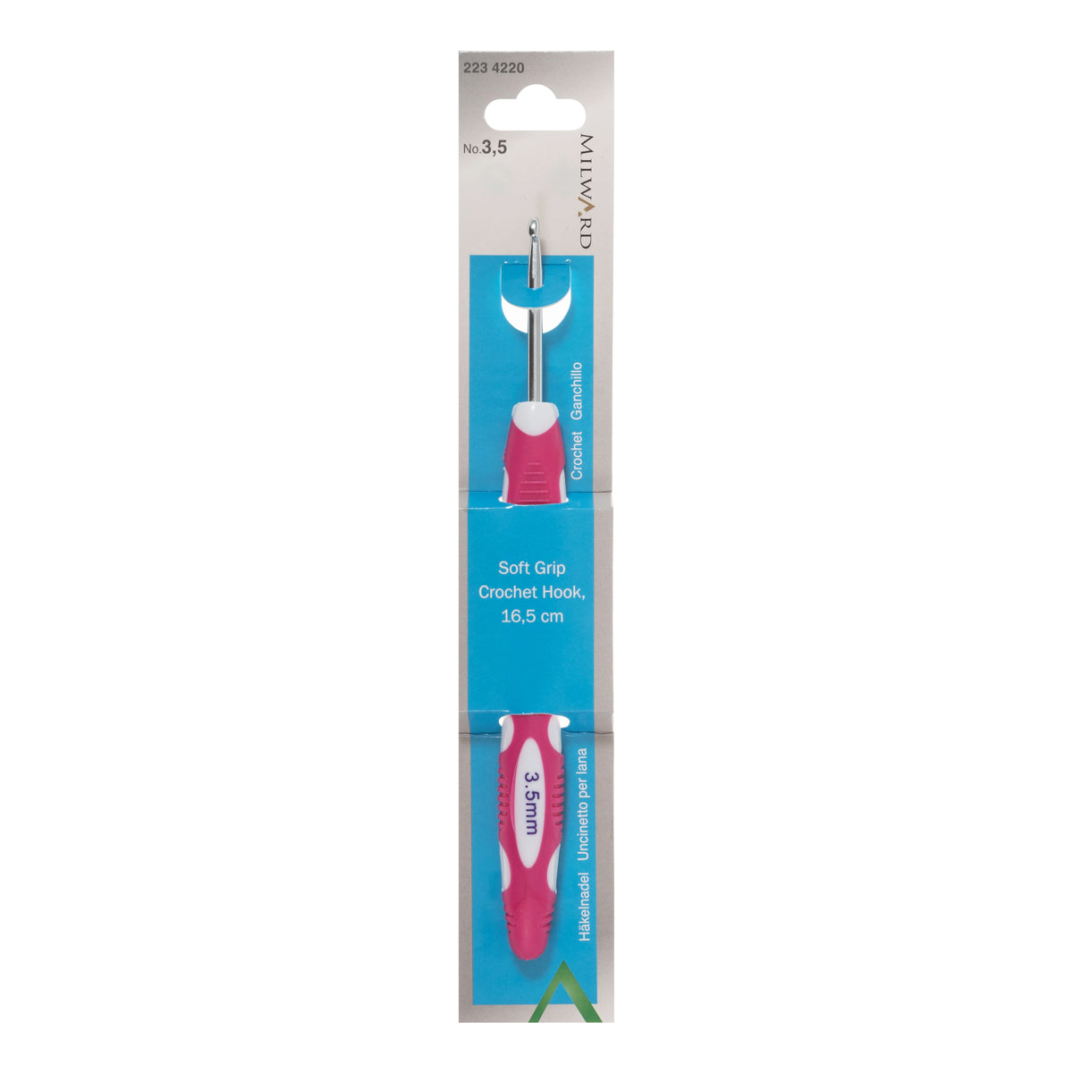 Milward 3.5mm aluminium crochet hook with colourful soft grip handle