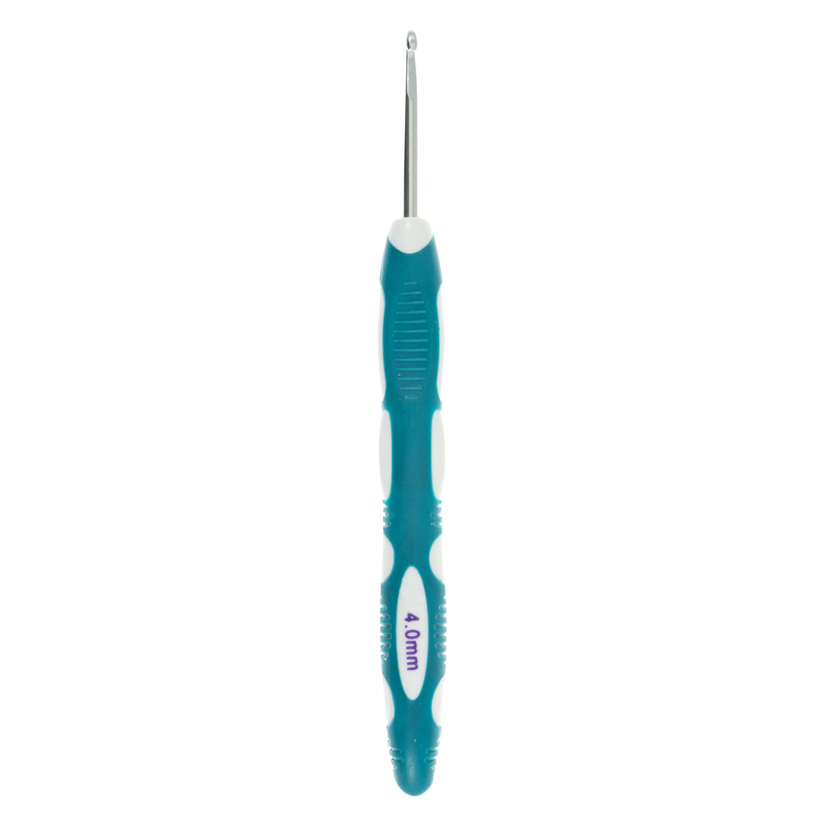 Milward 4mm aluminium crochet hook with colourful soft grip handle