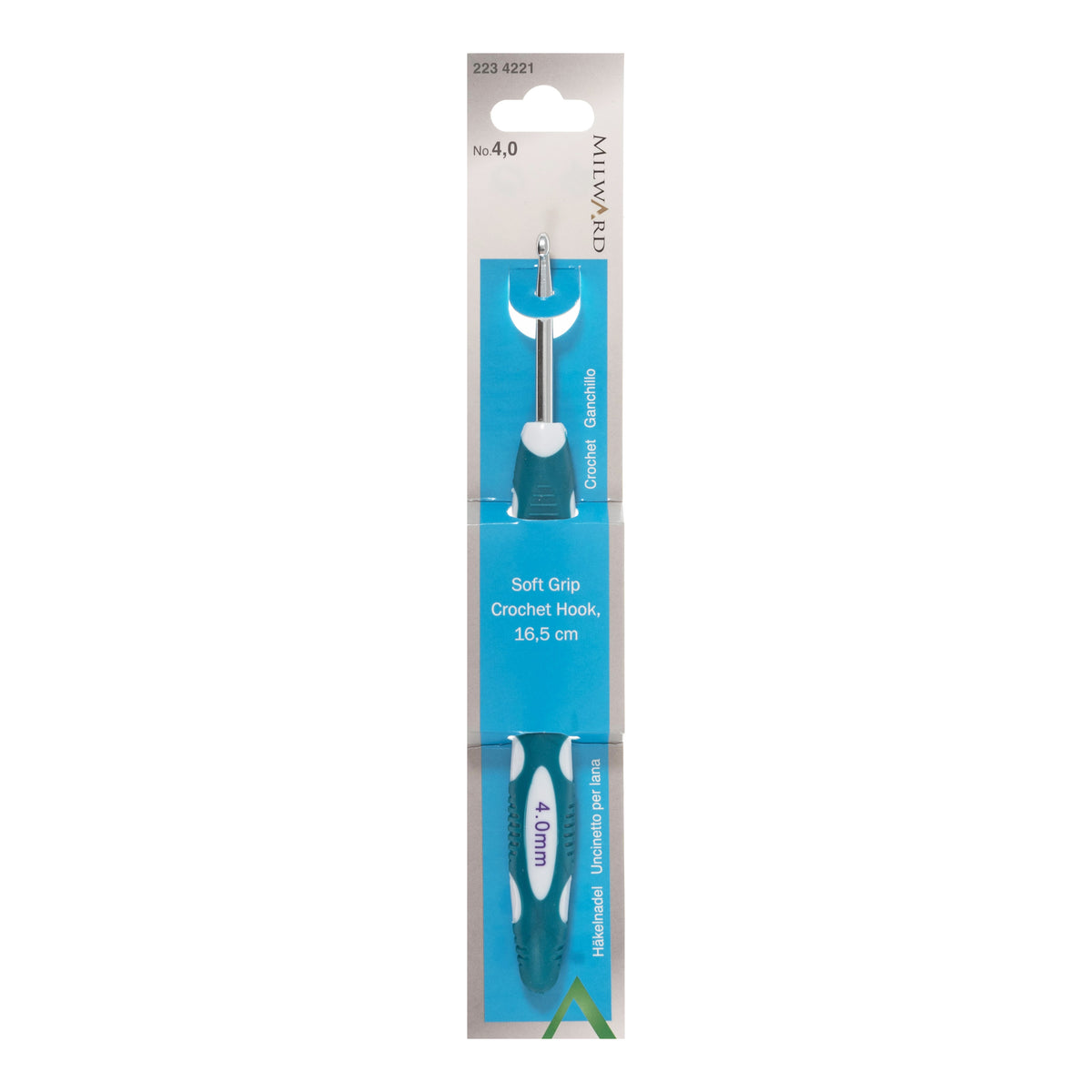 Milward 4mm aluminium crochet hook with colourful soft grip handle