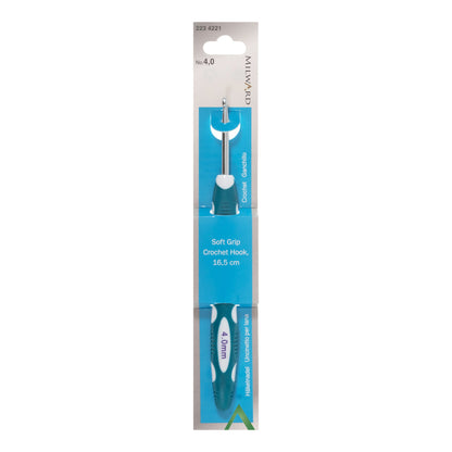 Milward 4mm aluminium crochet hook with colourful soft grip handle