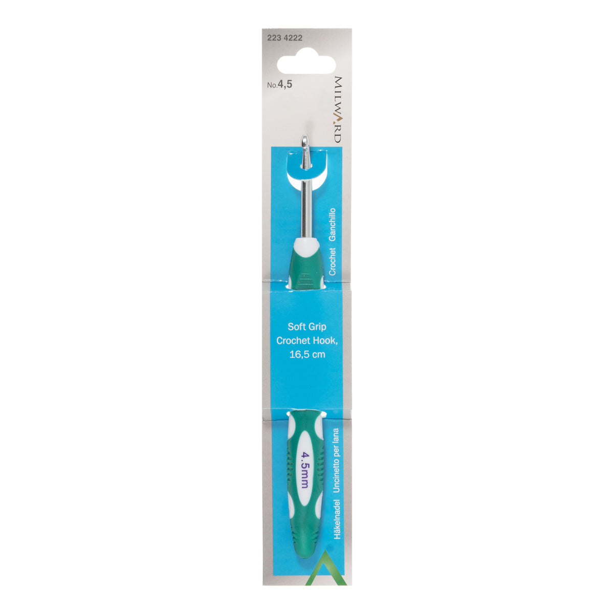 Milward 4.5mm aluminium crochet hook with colourful soft grip handle