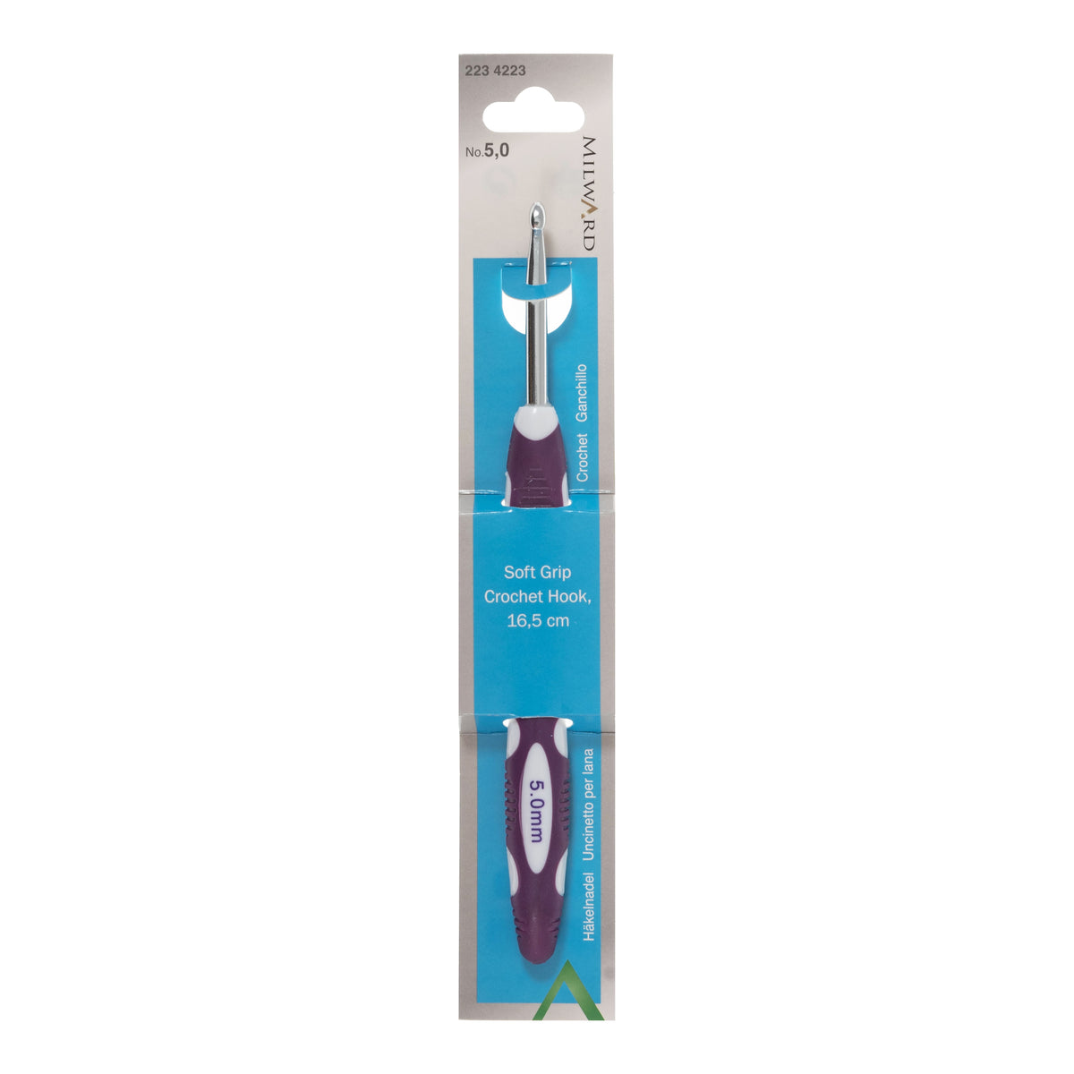 Milward 5mm aluminium crochet hook with colourful soft grip handle