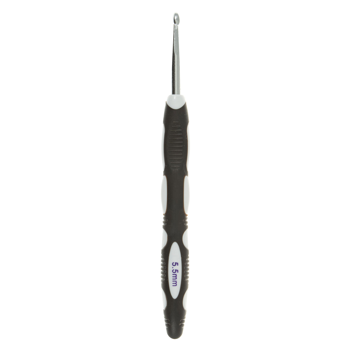 Milward 5.5mm aluminium crochet hook with colourful soft grip handle