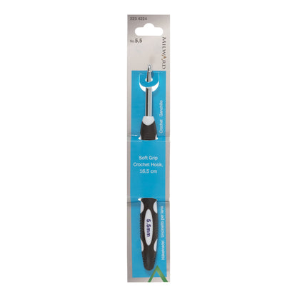 Milward 5.5mm aluminium crochet hook with colourful soft grip handle