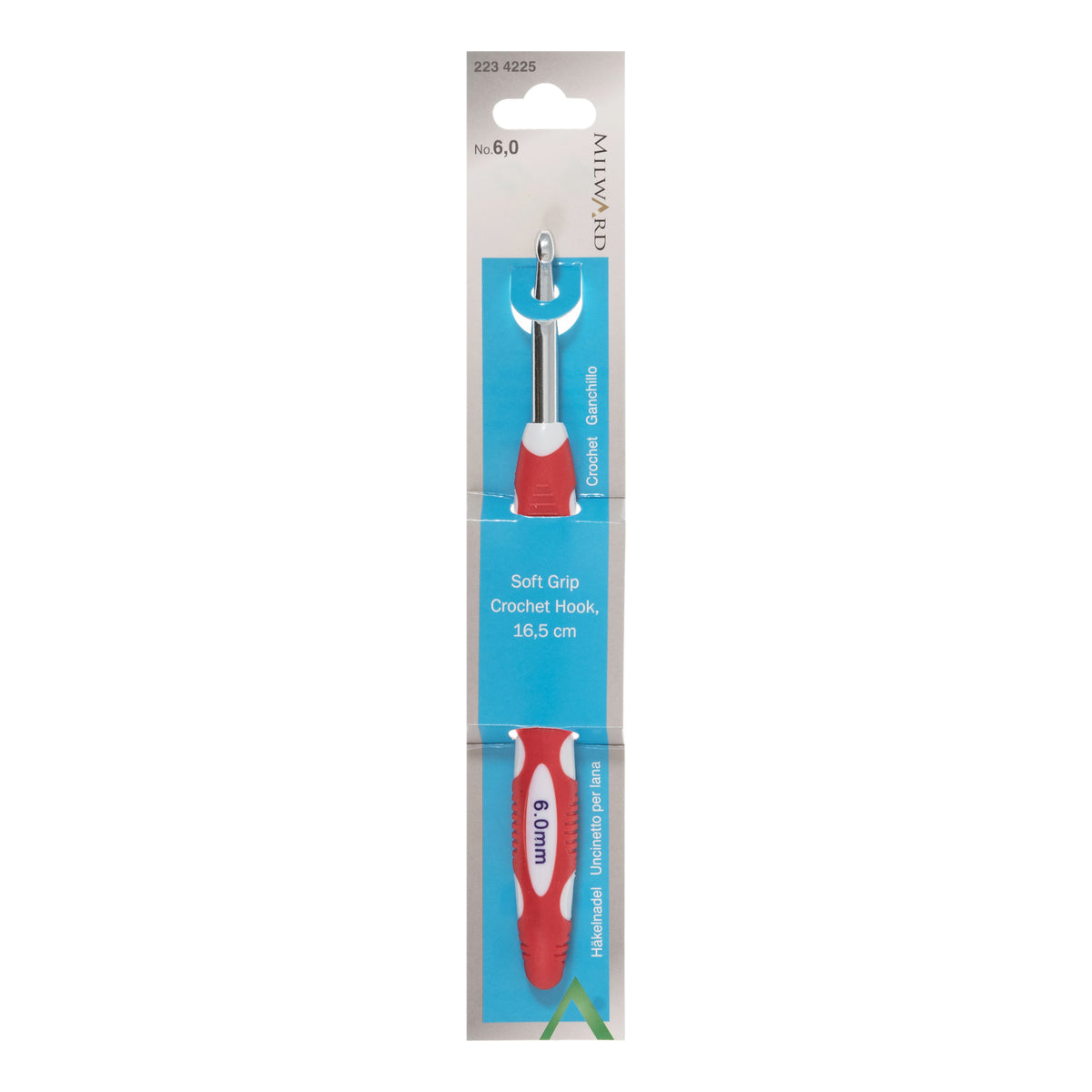 Milward 6mm aluminium crochet hook with colourful soft grip handle