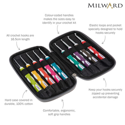 Milward soft grip crochet hook set in a zipped fabric case