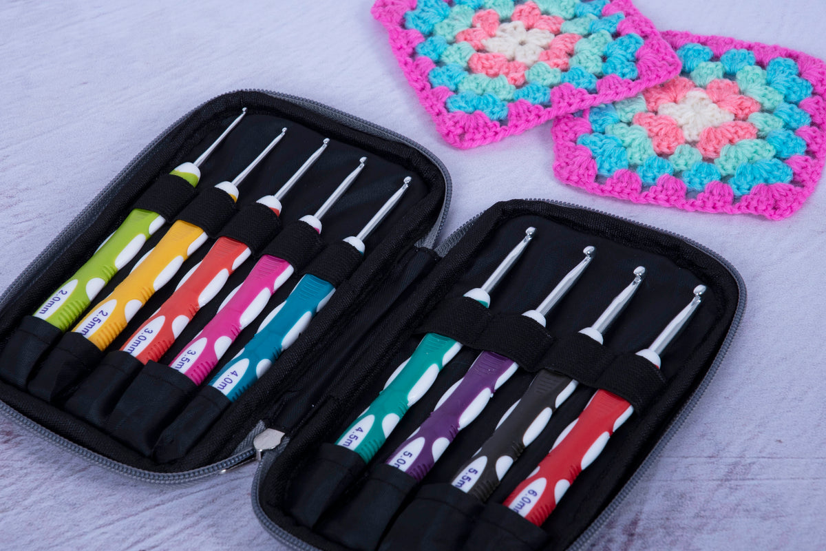 Milward soft grip crochet hook set in a zipped fabric case