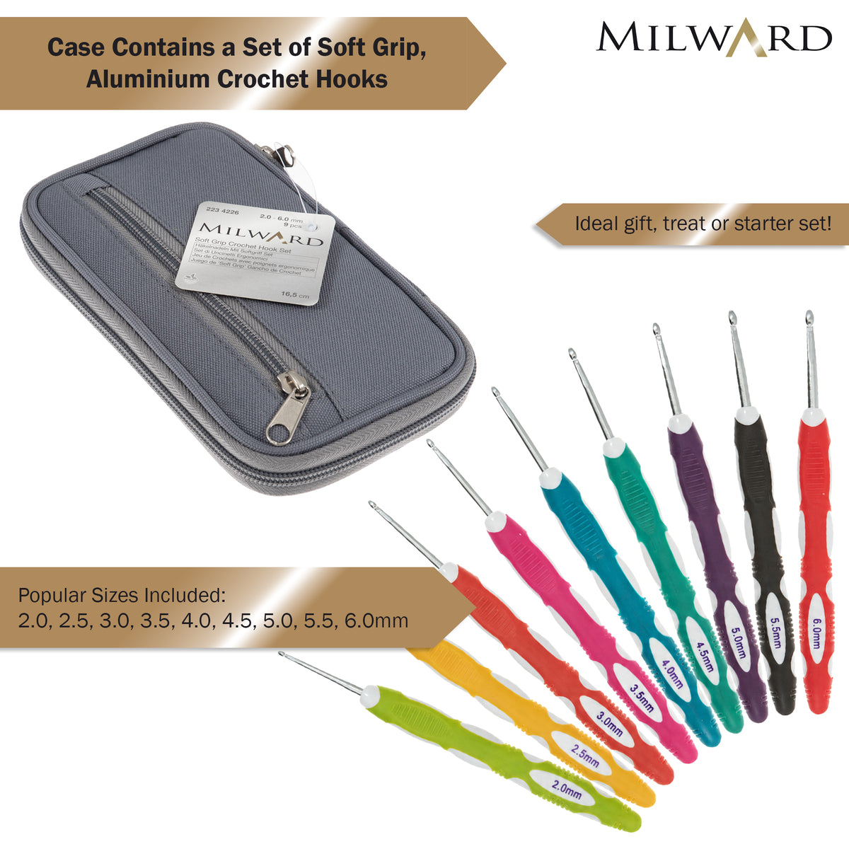 Milward soft grip crochet hook set in a zipped fabric case