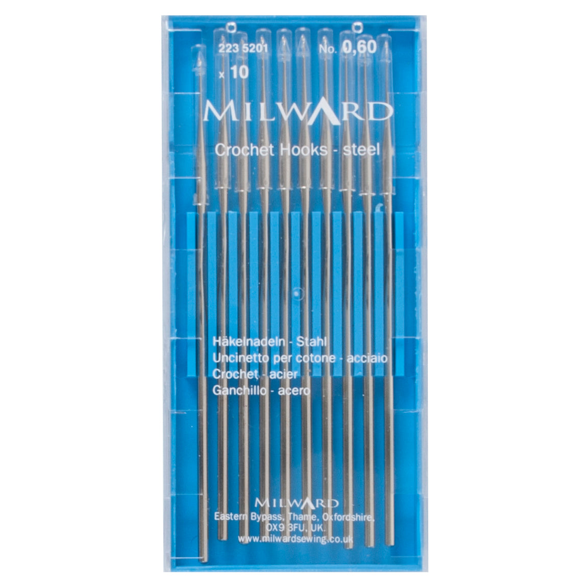 Milward 0.60mm steel crochet hook with protective cap