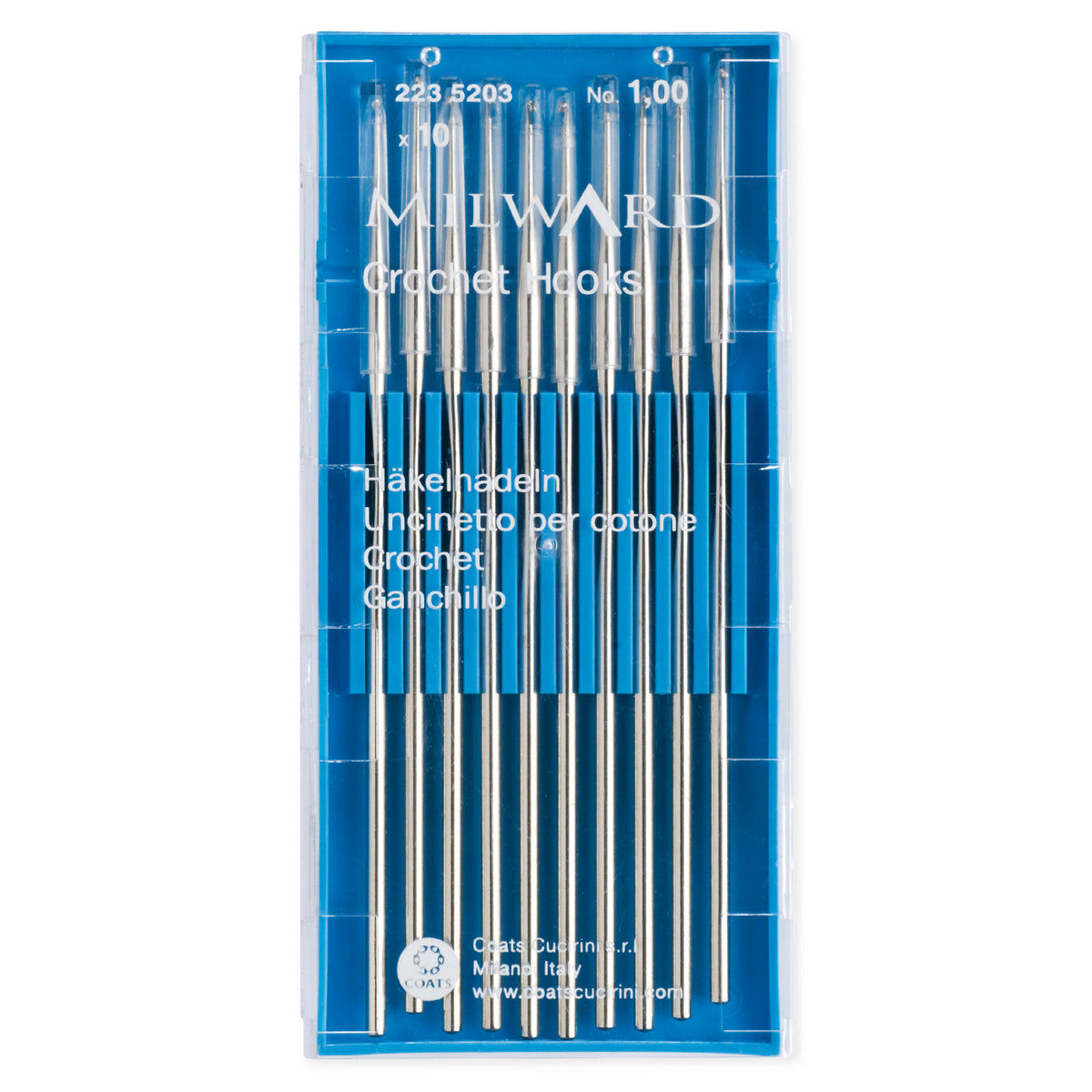 Milward 1.00mm steel crochet hook with protective cap