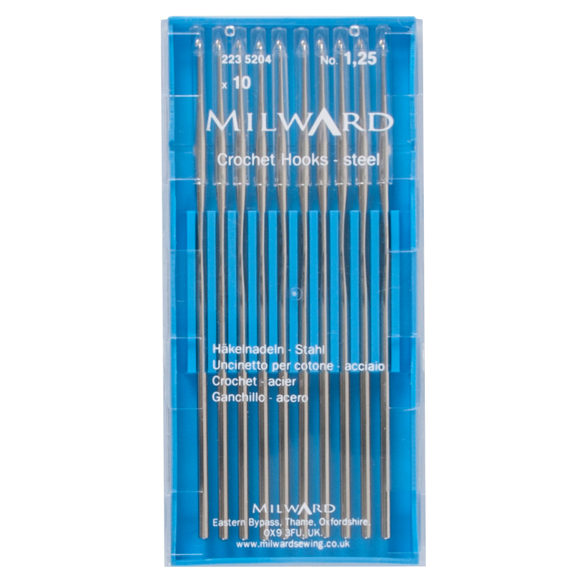 Milward 1.25mm steel crochet hook with protective cap