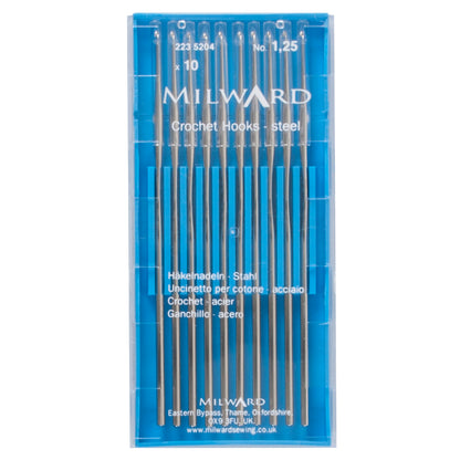 Milward 1.25mm steel crochet hook with protective cap