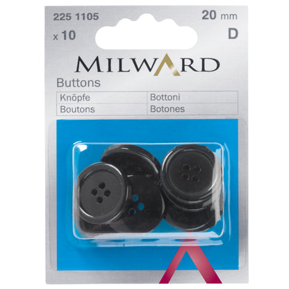 Pack of black 20mm two-hole jacket buttons